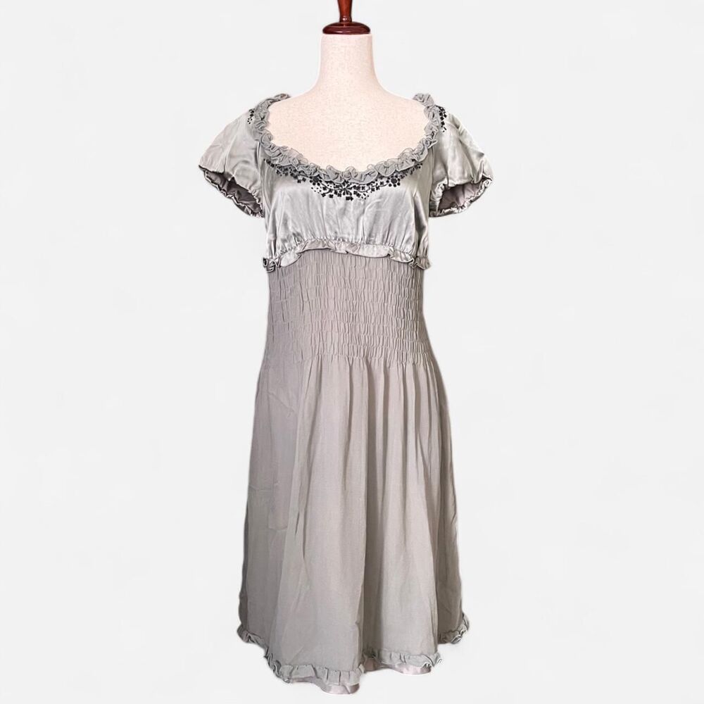Moschino Cheap and Chic Women's Sage Green Silk Dress with Black Applique